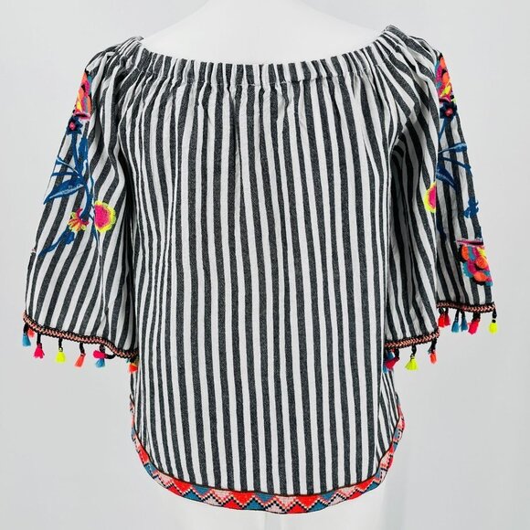 See And Be Seen Black Stripe Blouse Size M Off The Shoulder Embroidery Fringe - Picture 7 of 11